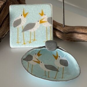 Seagull print Handmade Clamshell & Coaster Set